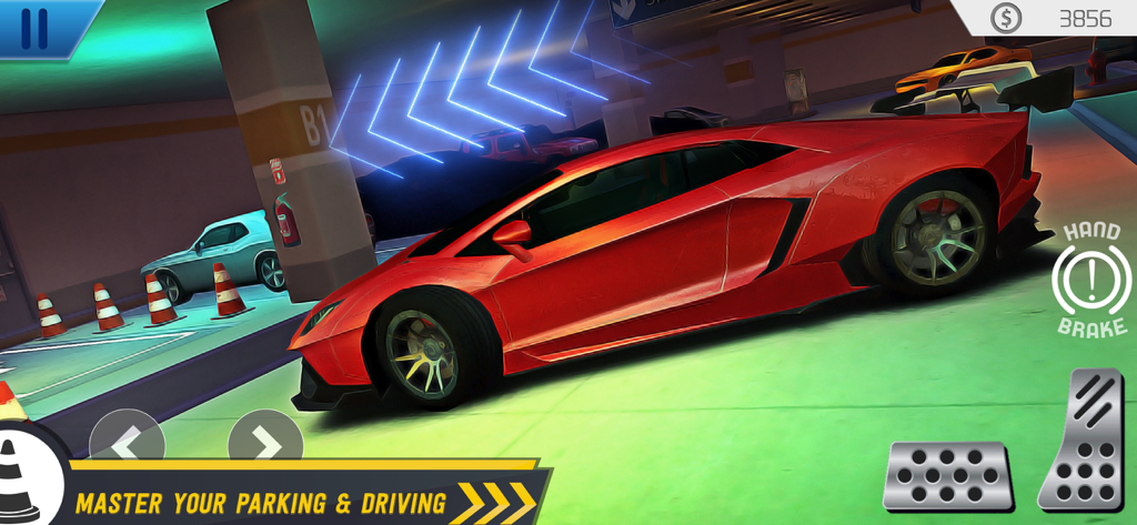 Multistory: Car Parking Sim 3D - Un coche deportivo rojo navegando por un garaje de varios pisos con flechas de guía digitales y controles en pantalla.