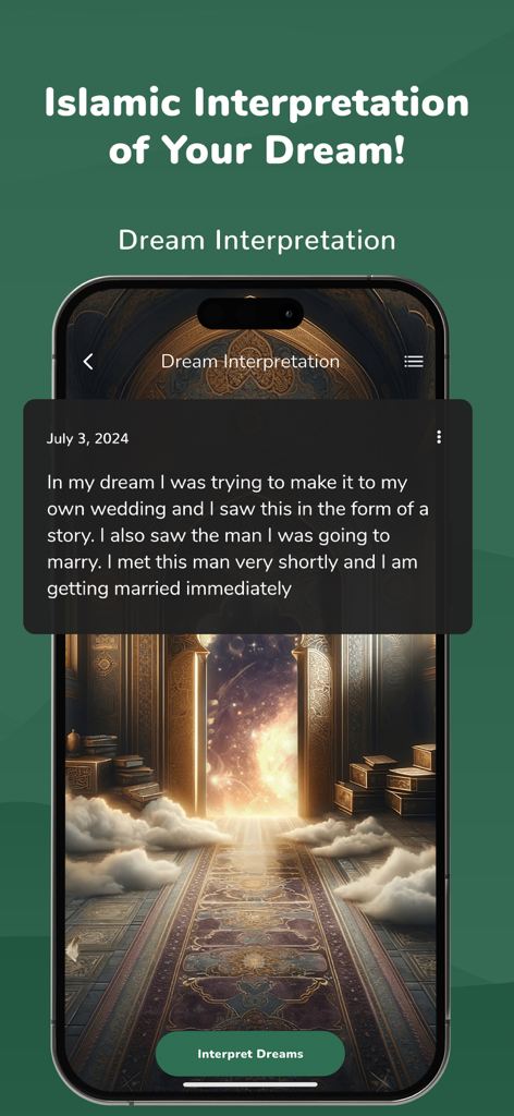 Alim: Islamic Guide, Azan, Dua - Smartphone screen displaying the Islamic Dream Interpretation feature in the Alim app