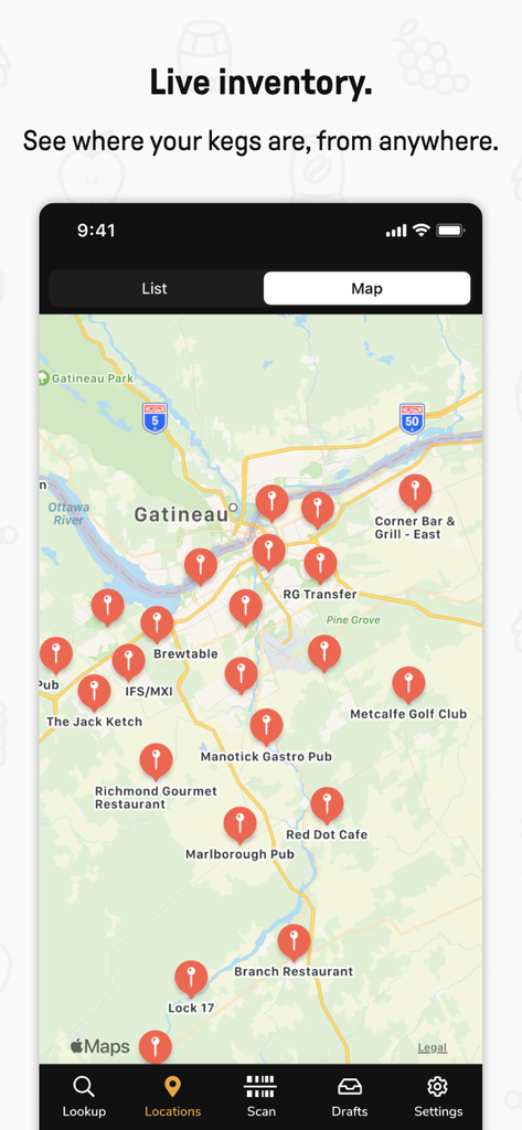 Kegshoe - Keg Tracking - A mobile app interface showing a map with red pins indicating live keg locations at various bars and restaurants.