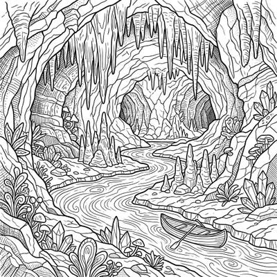 Embark on an epic coloring adventure into the heart of a majestic underground cave. This intricate design features a winding river, ancient rock formations, and sparkling treasures awaiting your creative touch.