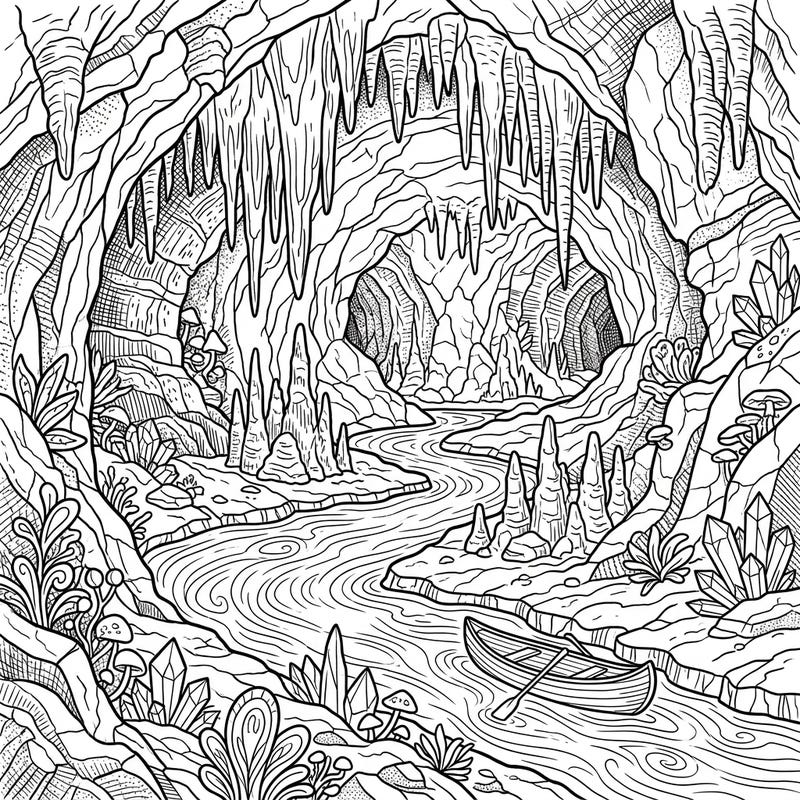 Embark on an epic coloring adventure into the heart of a majestic underground cave. This intricate design features a winding river, ancient rock formations, and sparkling treasures awaiting your creative touch.