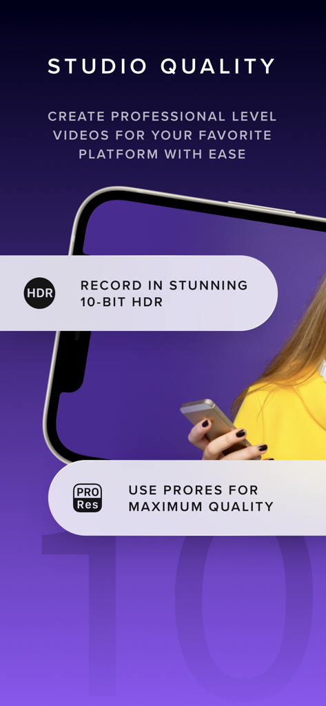 A promotional screen for the REC Pro Video Camera app highlighting 10-bit HDR and ProRes recording features for professional studio quality videos.