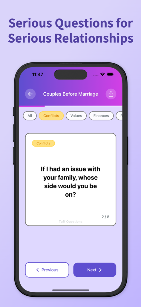 Tuff Questions - Couple Game - Una pantalla de aplicación móvil de Tuff Questions que muestra una tarjeta de conversación seria sobre conflictos familiares para parejas antes del matrimonio