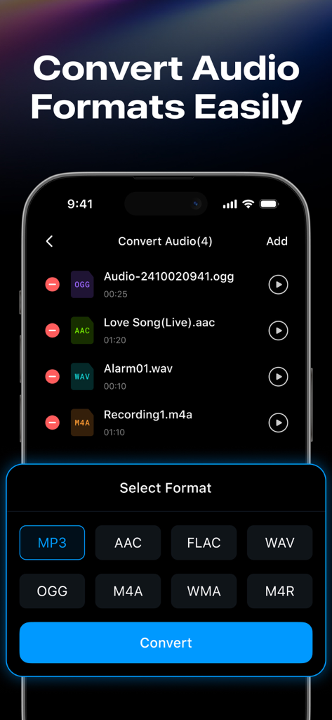 Audio Editor ~ MP3 Converter - Interfaz de la aplicación Audio Editor que muestra una lista de archivos y varias opciones de conversión de formato como MP3 y AAC.