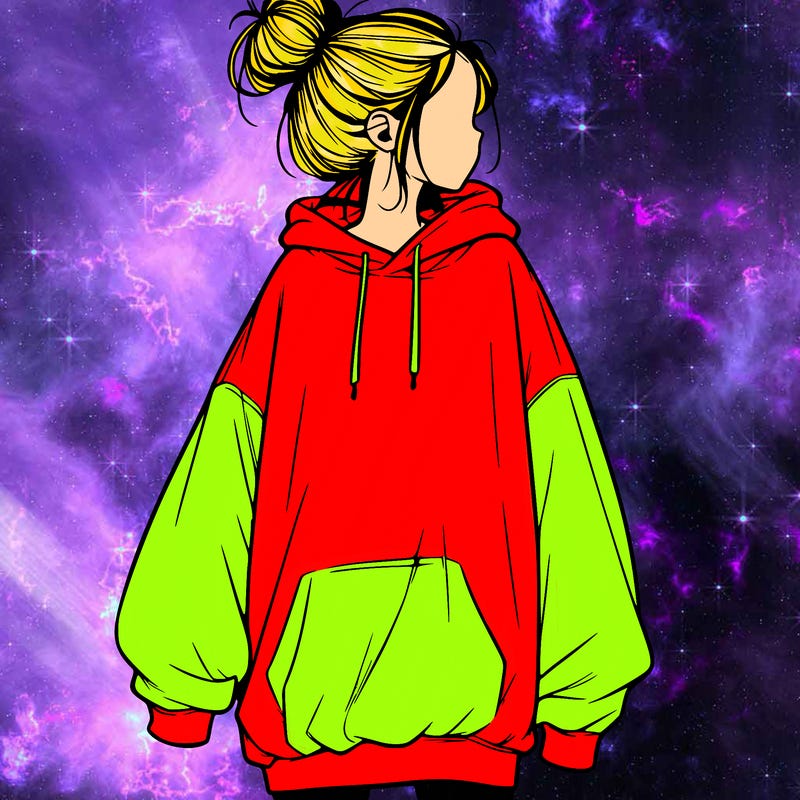 realistic girl with a oversized sweatshirt on and a bun