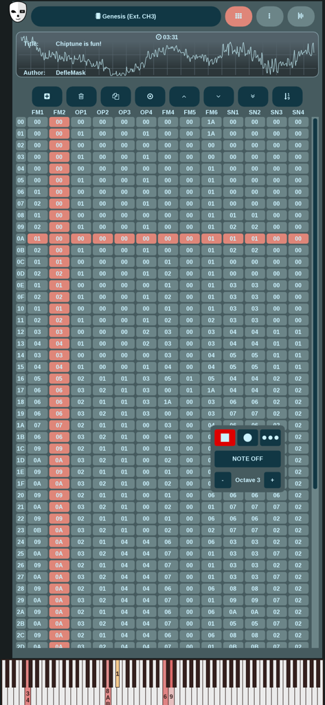 DefleMask Mobile music tracker interface with hexadecimal pattern data for Sega Genesis chiptune production