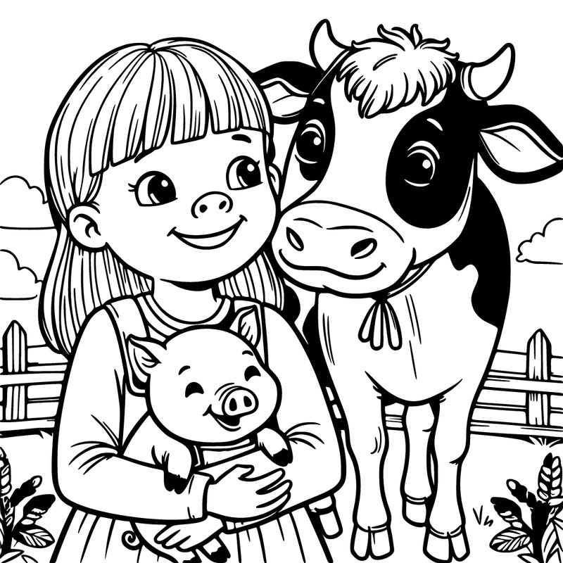 girl with baby pig in her arms and baby cow all looking really happy
