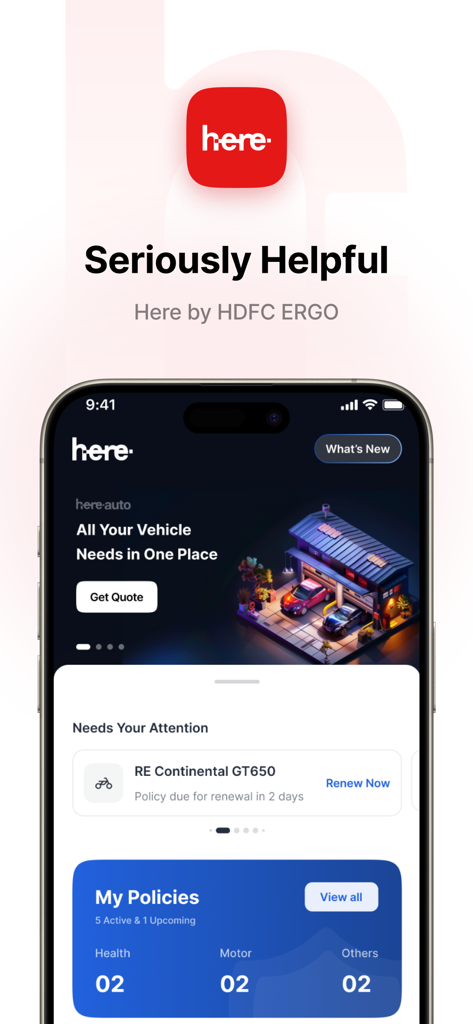 Here by HDFC ERGO - Here by HDFC ERGO app interface showing vehicle insurance management and policy tracking.
