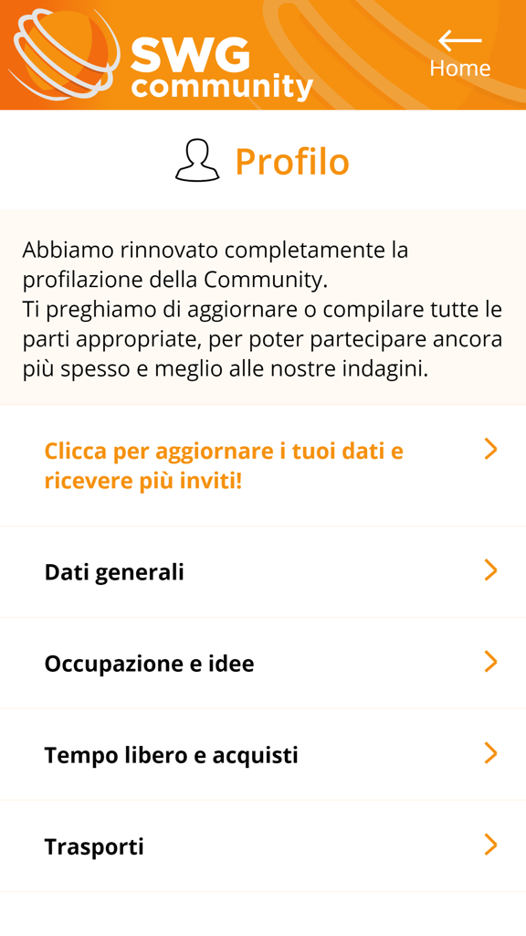 SWG Community - The profile page of the SWG Community app where users can update their personal information and survey preferences.