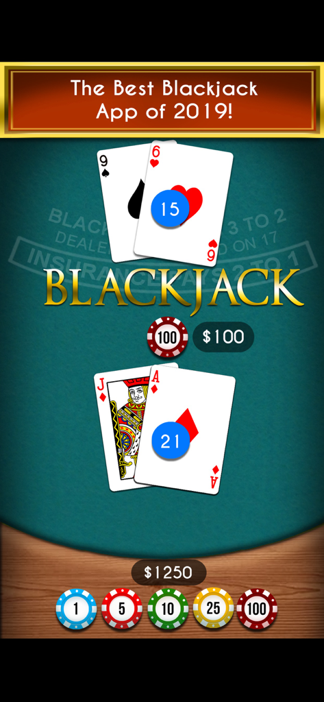Mobile blackjack game screen showing a winning hand of 21 against a dealer