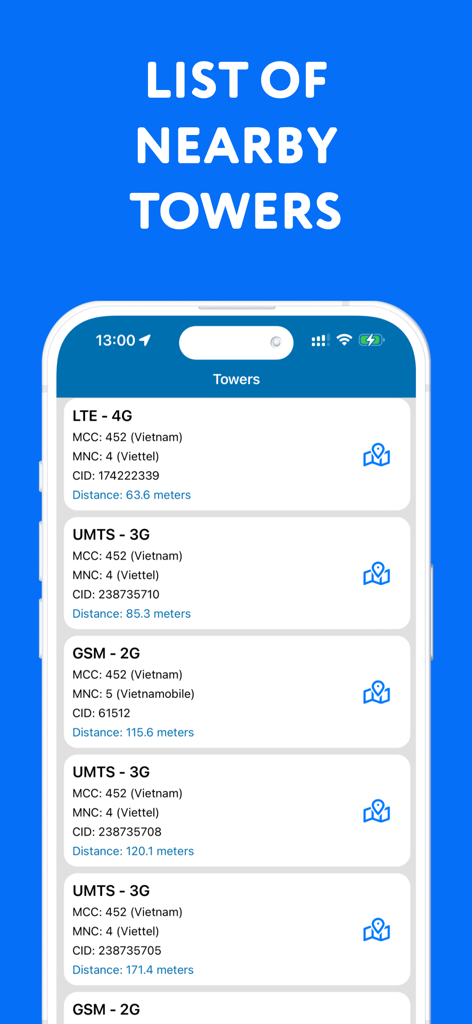 Interfaz de aplicación móvil que muestra una lista de torres celulares cercanas con detalles de red y distancias