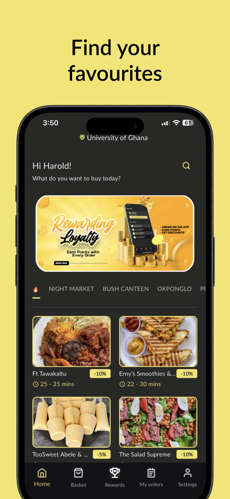 Night Market: Food Delivery - Home screen of Night Market food delivery app displaying various Ghanaian meal options and a loyalty rewards banner.