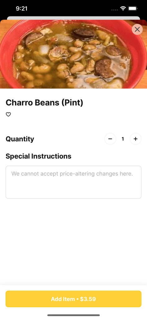 Rios Barbacoa Helotes TX - Pedindo um copo de feijão charro no aplicativo móvel Rios Barbacoa Helotes