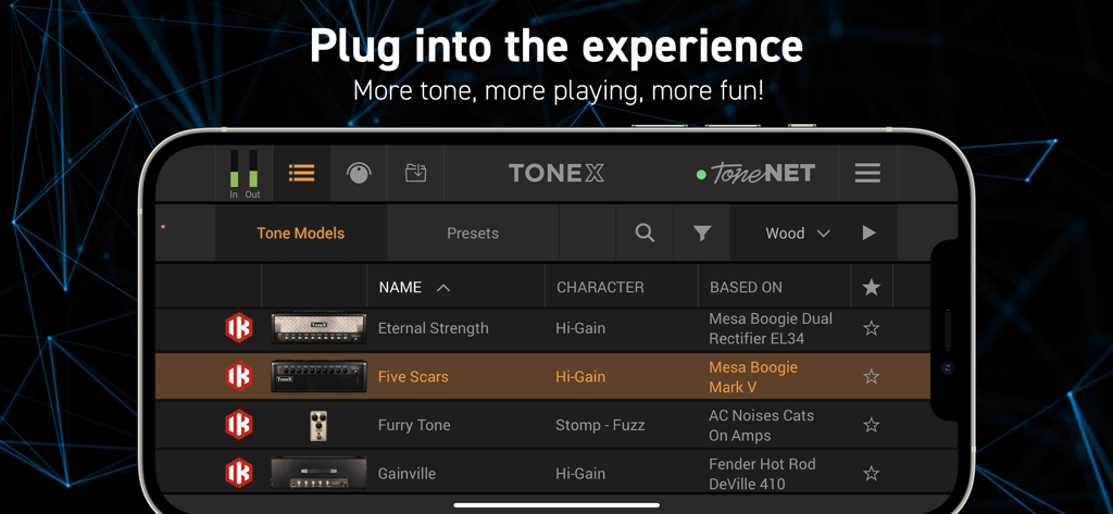 iPhone上のAmpliTube TONEXアプリのインターフェース。AIモデリングされたギターアンプトーンのライブラリを表示