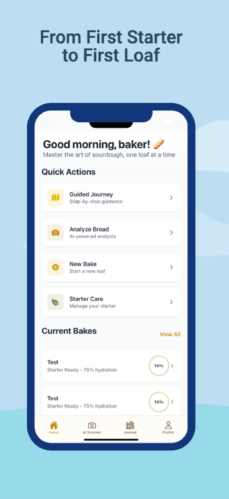 Sourdough AI - Sourdough AI 앱 대시보드, 빠른 베이킹 작업 및 스타터와 빵의 진행 상황 추적 표시.