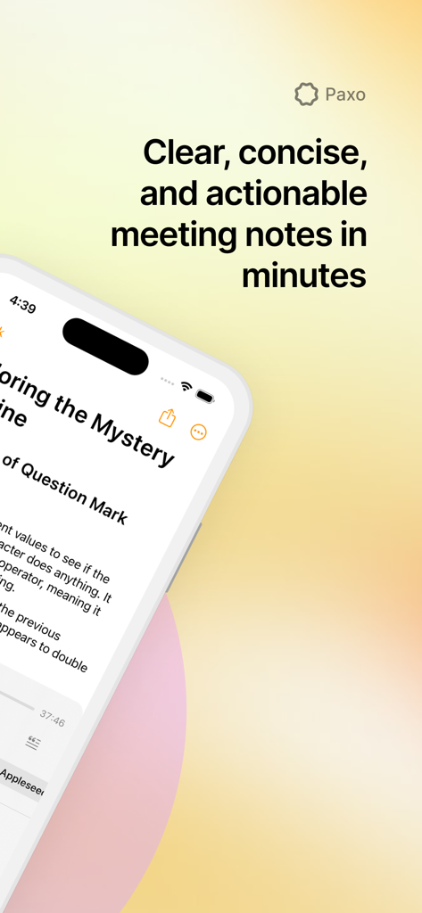 Paxo: AI Meeting Notes - Screenshot of Paxo AI meeting notes app showing clear and concise digital notes on an iPhone