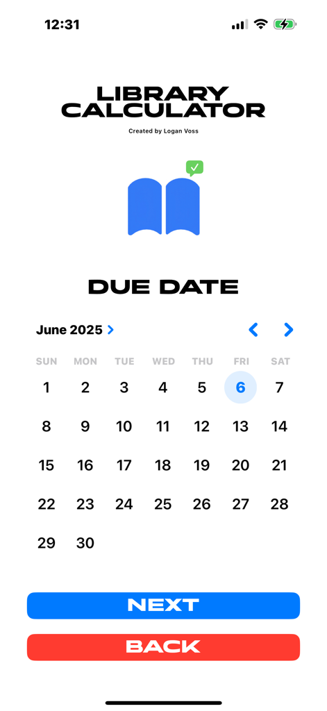 Library Calculator - Calendar screen for selecting a book due date in the Library Calculator app