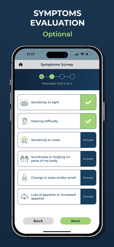 HitCheck: Cognitive Assessment - Eine mobile Oberfläche, die eine optionale Symptombefragung für eine kognitive Bewertung zeigt, einschließlich Licht- und Geräuschempfindlichkeit