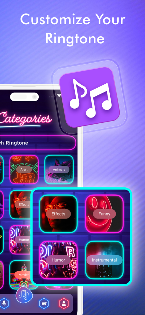 Ringtone Maker & Audio Editor - Ringtone Maker app interface showing various sound categories for custom ringtones with a neon theme.