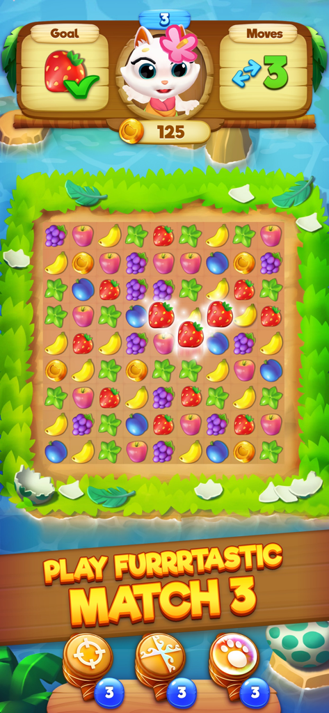 Gameplay des Tropicats 3-Gewinnt-Rätsels mit farbenfrohen Früchten und einer süßen weißen Katze