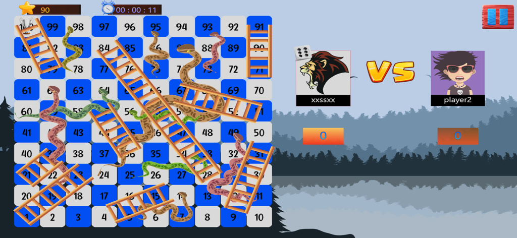 A gameplay screenshot of Snake and Ladder Online showing a versus match between two players on a board with snakes and ladders over a forest landscape.