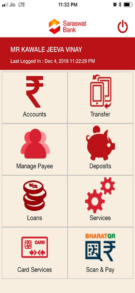 Saraswat Bank Mobile Banking - Dashboard of the Saraswat Bank Go-Mo mobile banking app featuring main menu options like Accounts, Transfer, Deposits, and Card Services.