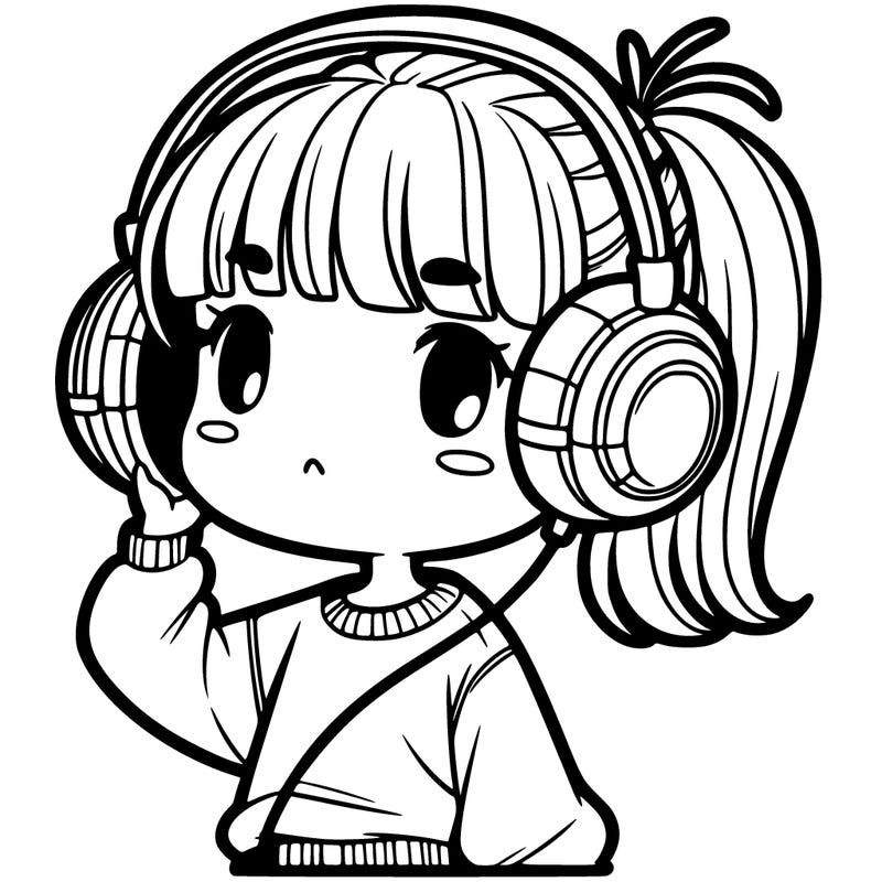 girl with short hair no bangs headphones and a sweatshirt