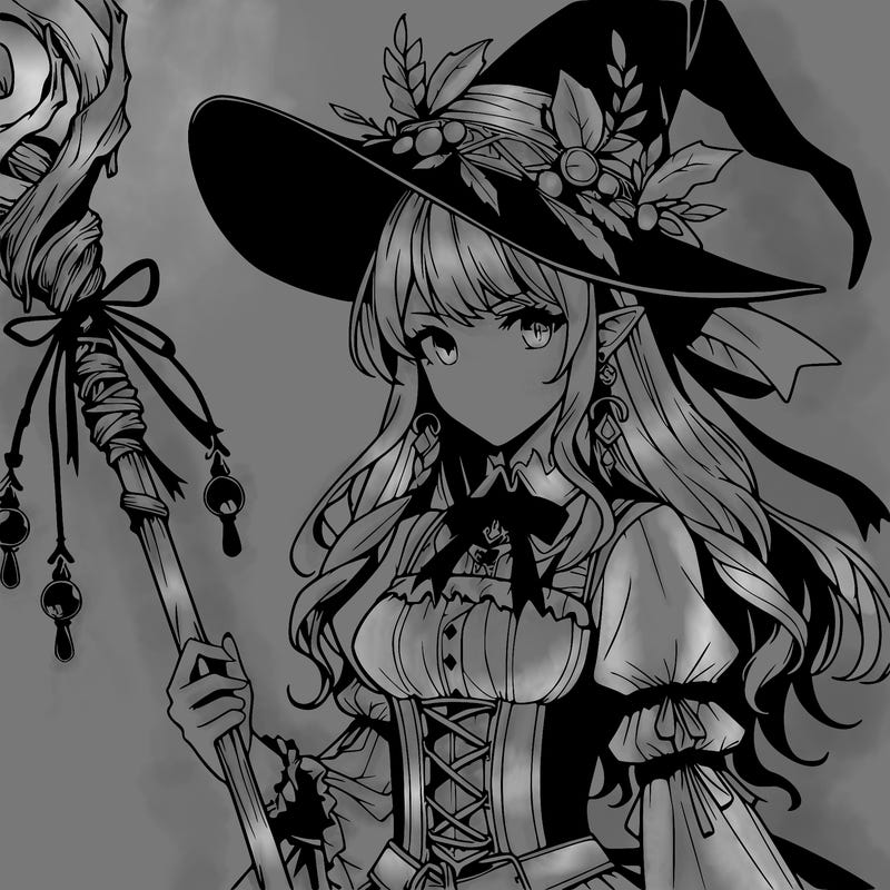a realistic fantasy manga witch with a staff