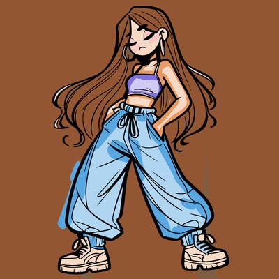 girl in baggy pants crop top and long hair