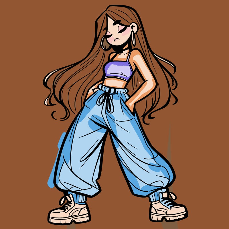 girl in baggy pants crop top and long hair