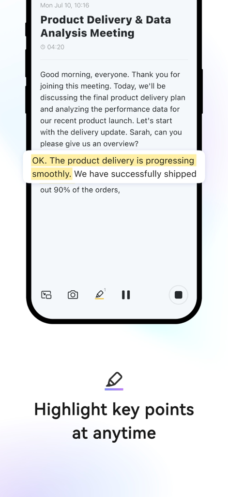 Deepting AIアプリのインターフェース。会議の文字起こしと、ハイライトされた重要なポイントが表示されています。