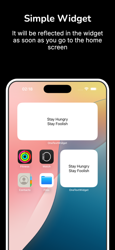 One Text Widget - One Text Widget muestra una cita personalizada en la pantalla de inicio de un iPhone en dos tamaños de widget diferentes.