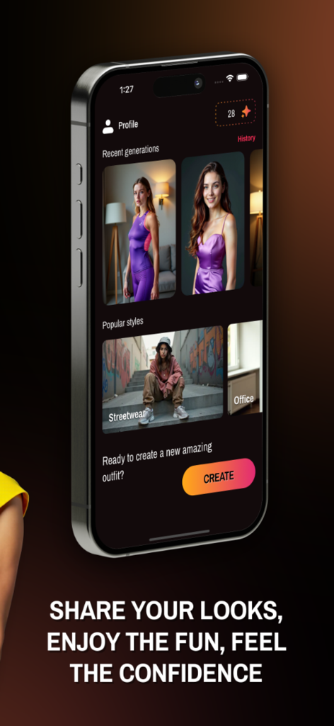 Look Swap Me app interface showing AI generated outfits and fashion style options on a smartphone screen