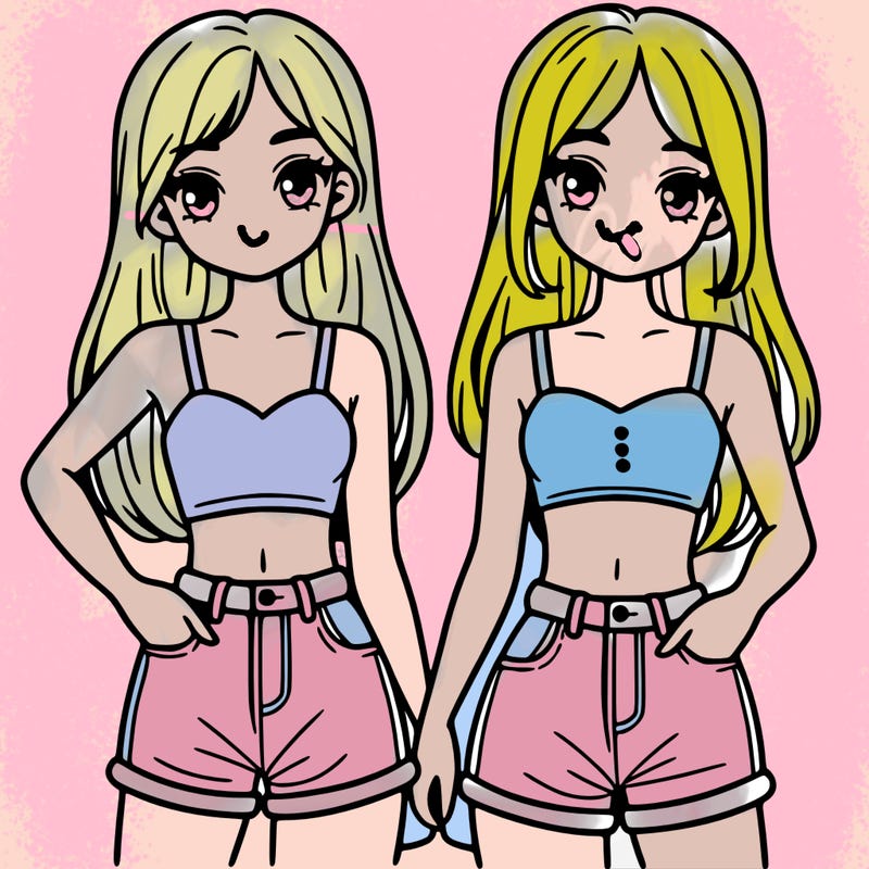 two sisters with crop tops and jean shorts and straight hair