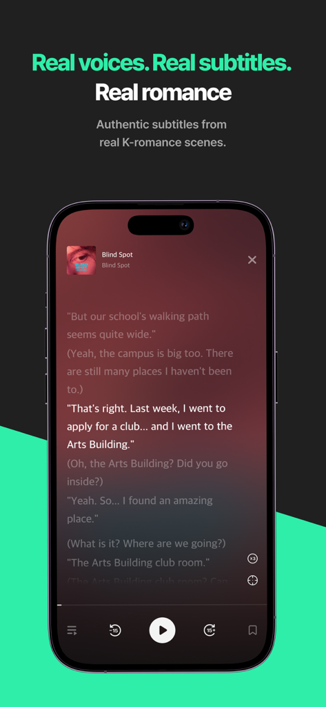 PLING : K-Drama Audio Stories - Pantalla de smartphone mostrando la interfaz de la aplicación PLING con una historia de audio de K-drama y subtítulos en inglés
