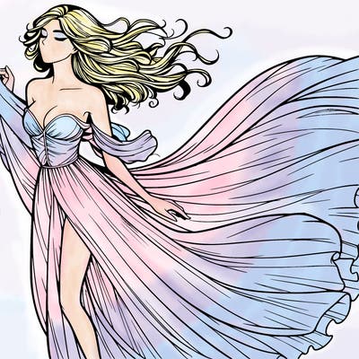 realistic woman in dress flowing the the wind