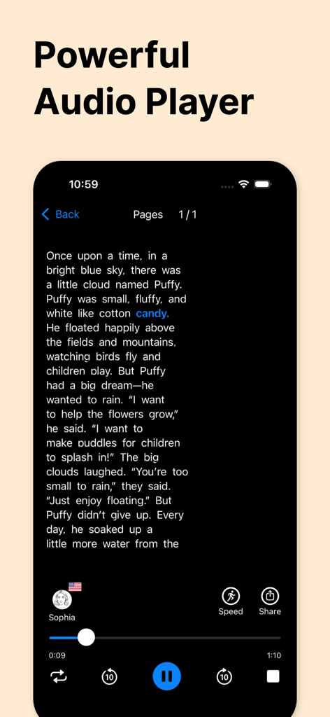 Read Aloud: AI Text to Speech - Oberfläche der Vorlesen KI-App, die den Audioplayer mit Textverfolgung und Wiedergabesteuerungen zeigt.