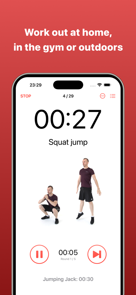 Workout For Women & Men - A mobile interface for an interval training app showing a workout timer and illustrations for squat jumps