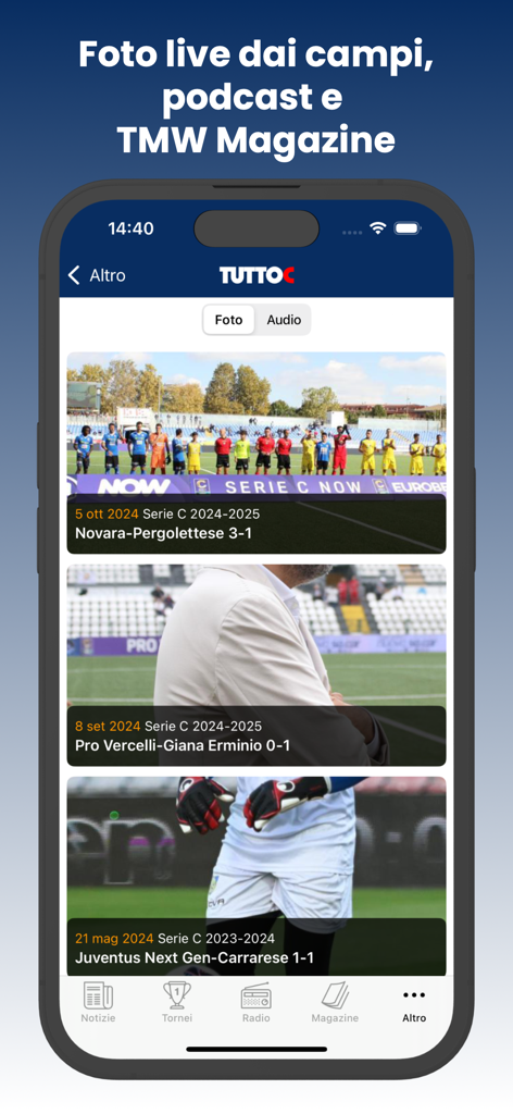 Pantalla de la aplicación móvil Tutto C mostrando fotos y noticias de partidos de fútbol en vivo de la Serie C italiana.