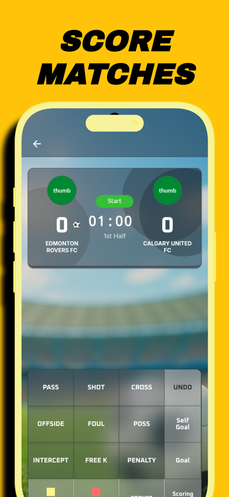 ScoreMyGoal - Football Scoring - ScoreMyGoal mobile interface for tracking live soccer match events and statistics