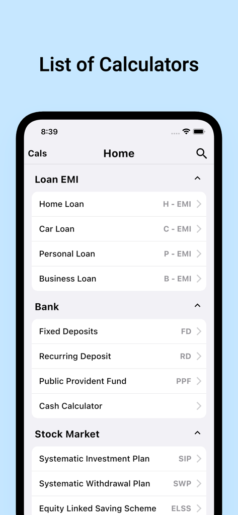 Financial Calculator Pro - Financial Calculator Pro main menu listing loan bank and stock market calculation tools