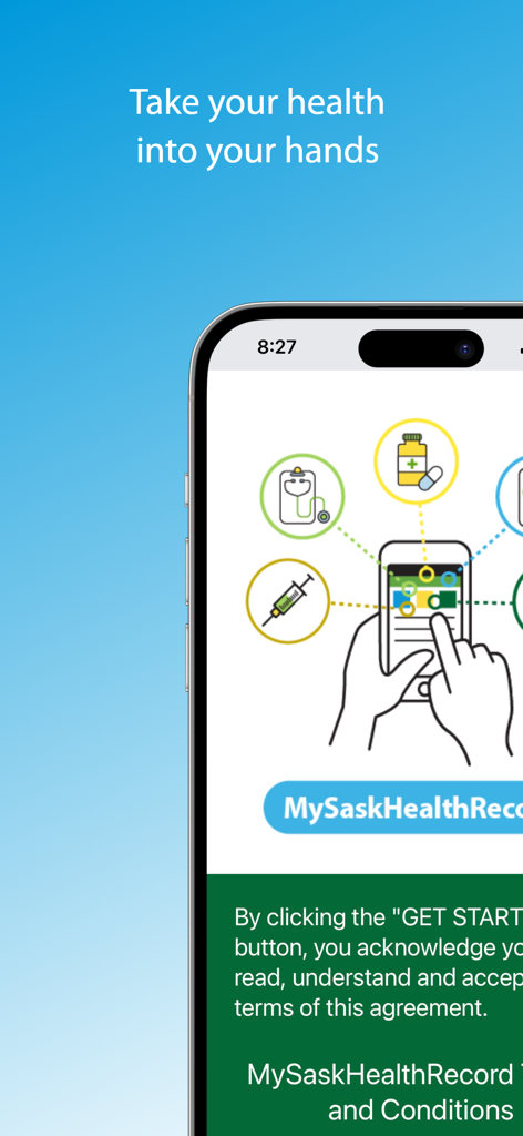 Pantalla de introducción de la aplicación MySaskHealthRecord que muestra iconos de salud y herramientas de gestión