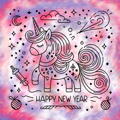 happy new year illustration calligraphic style outline; thin lines; light colors