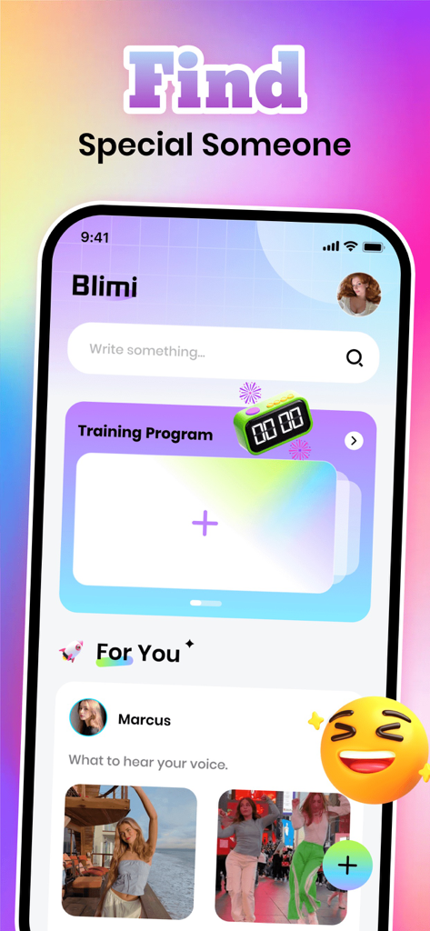 Blimi: Adult Show, Connect - Blimi app interface featuring the Find Special Someone message along with user profiles and training programs.