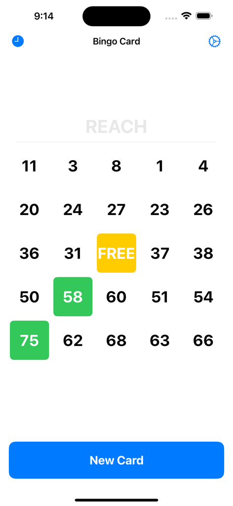 Bingo Card Creator - A digital bingo card screen showing a grid of numbers with a yellow free space and green marked squares