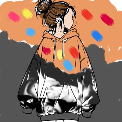 realistic girl with a oversized sweatshirt on and a bun