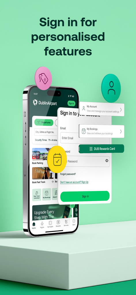 Dublin Airport - Pantalla de inicio de sesión de la aplicación del Aeropuerto de Dublín que muestra funciones de viaje personalizadas y el programa de recompensas