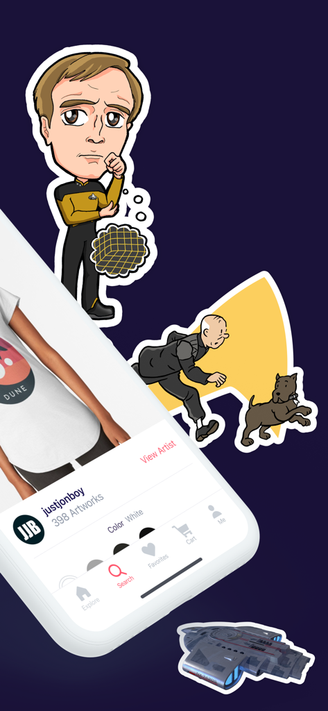 Redbubble mobile app showing an artist profile with fan art stickers of various characters and designs