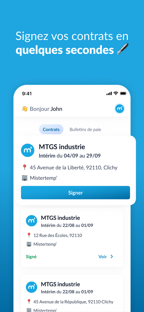 Mistertemp Group - Mistertemp Group app interface showing list of employment contracts with a digital signature button