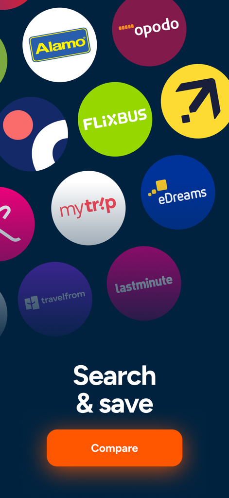 Schermata dell'app Liligo che mostra i loghi dei partner di viaggio come FlixBus e Alamo con un messaggio di ricerca e salvataggio